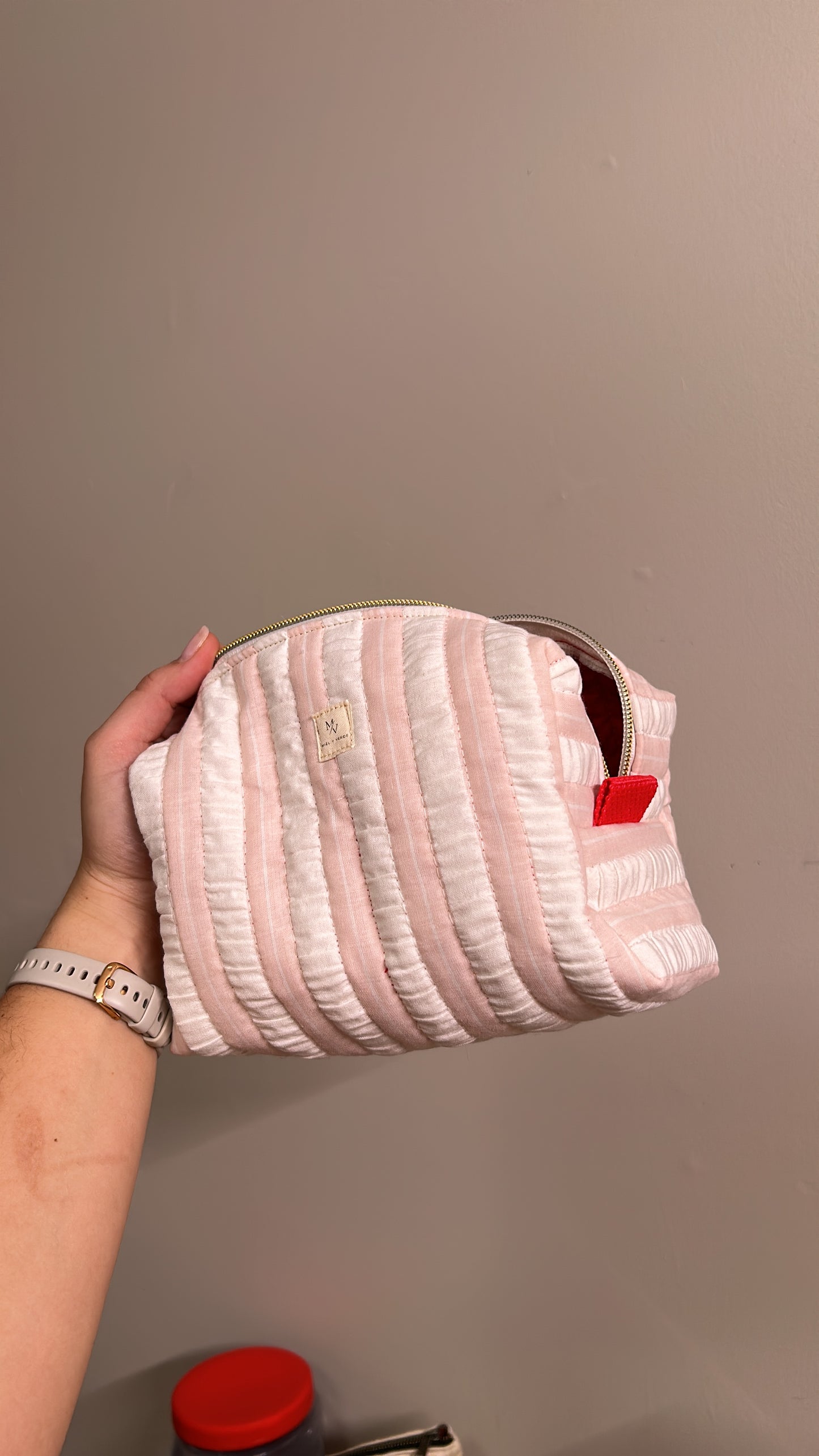 White and pink stripes Cosmetic back Size M